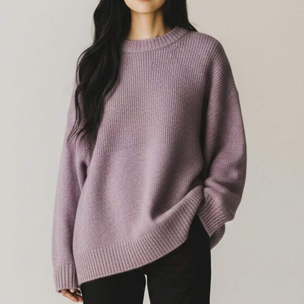 ZARA Oversized Ribbed Hem Long Sleeve Round Neck Pullover Sweater M Purple